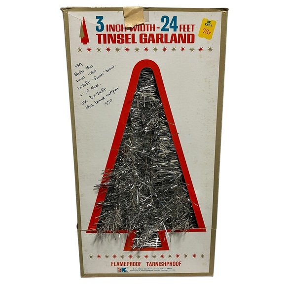 Vintage 60s SS Kresge Co Silver Tinsel Garland 3" Wide x 24 Feet with Box - Picture 1 of 6